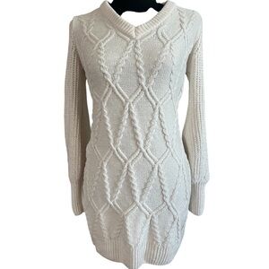 Cream Cable Knit Sweater Dress Longline Tunic Cozy Winter Neutral Knit Women’s M